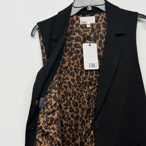 Black Tailored Silhouette Blazer Long Vest Leopard Print Lagenlook Dark Academia